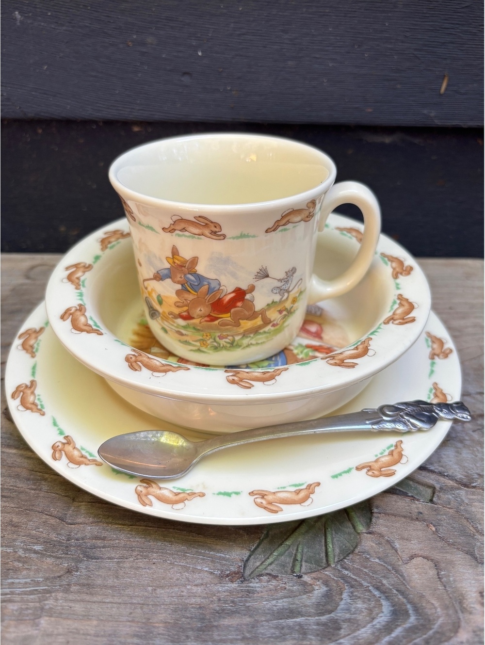 Royal Doulton Bunnykins Childs Dish Set, Cup Bowl Plate & Spoon